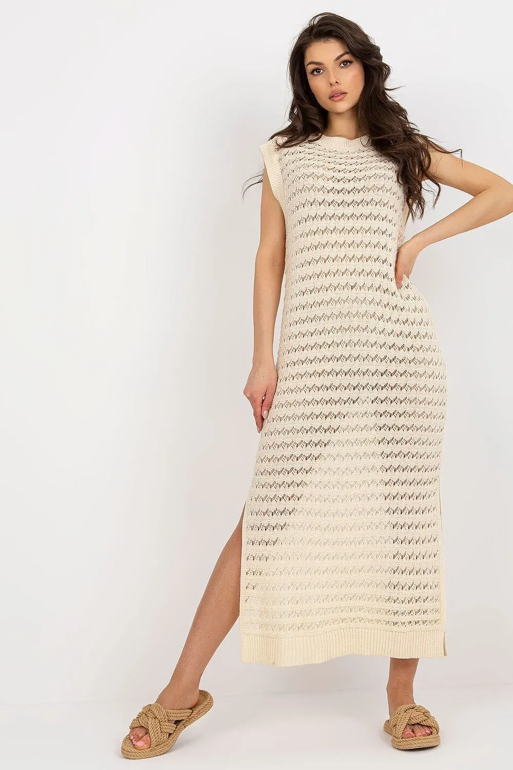 Sea Mist Elegance - Long Knit Sleeveless Dress with Stylish Side Slits