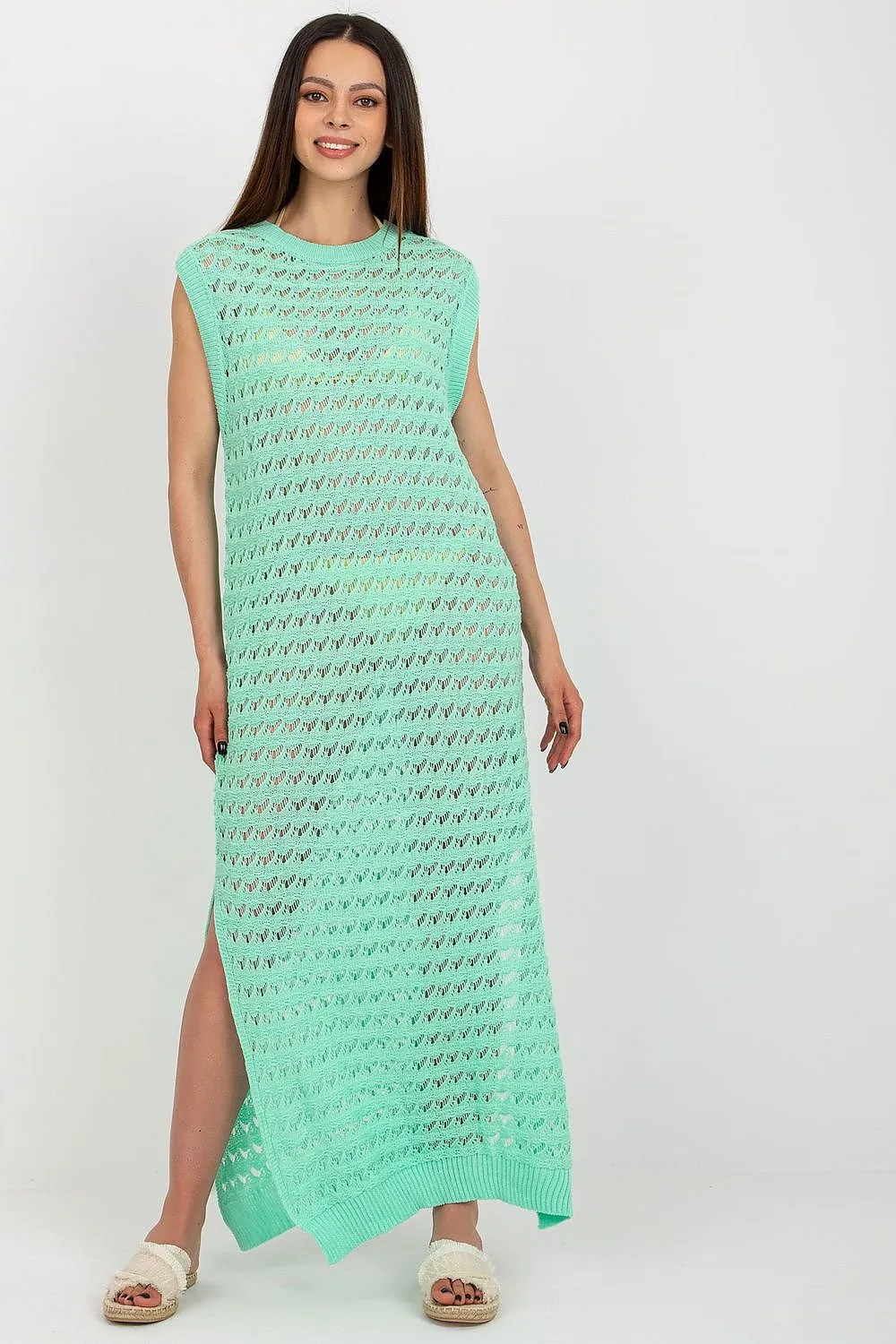 Sea Mist Elegance - Long Knit Sleeveless Dress with Stylish Side Slits