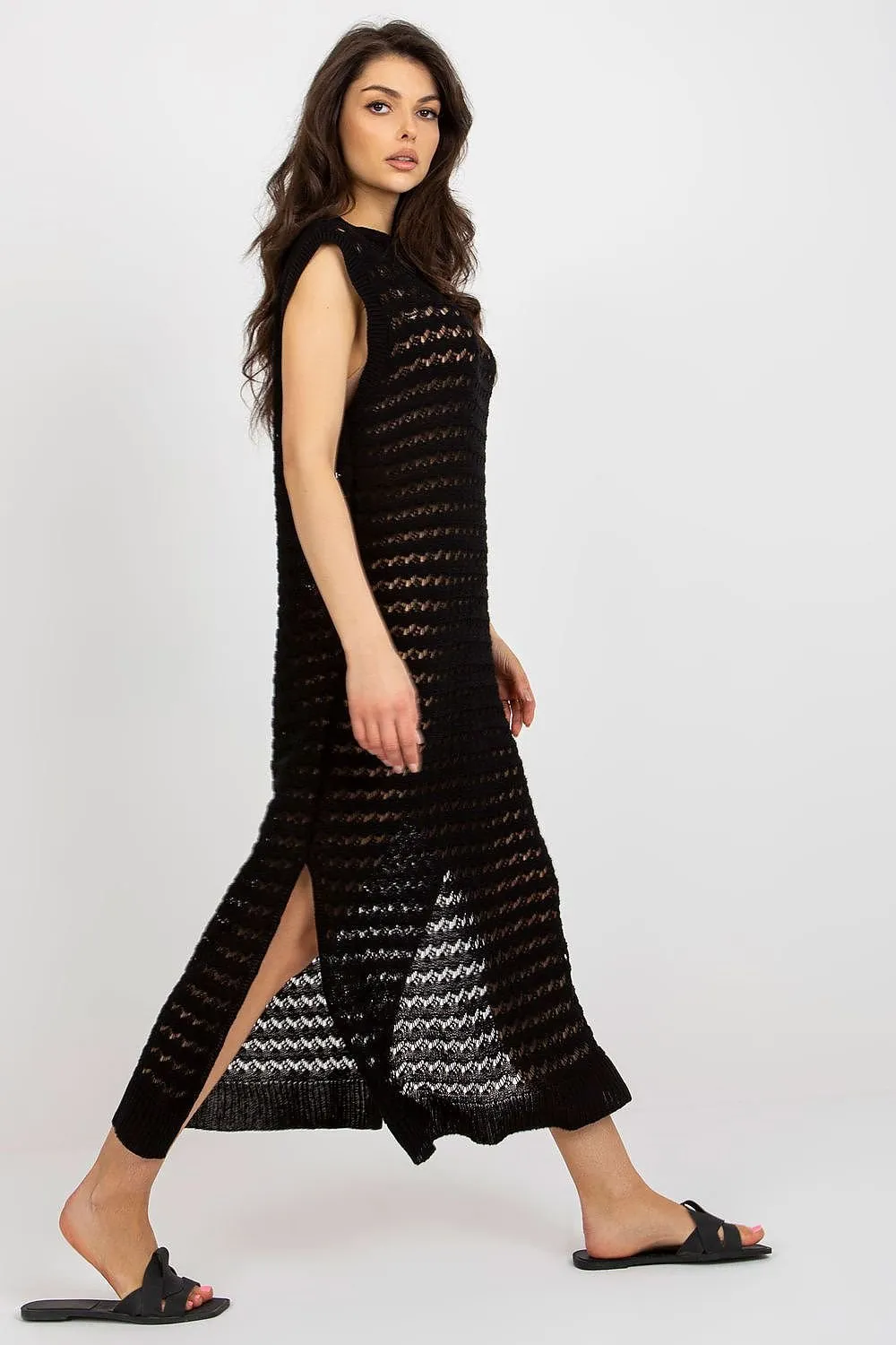 Sea Mist Elegance - Long Knit Sleeveless Dress with Stylish Side Slits