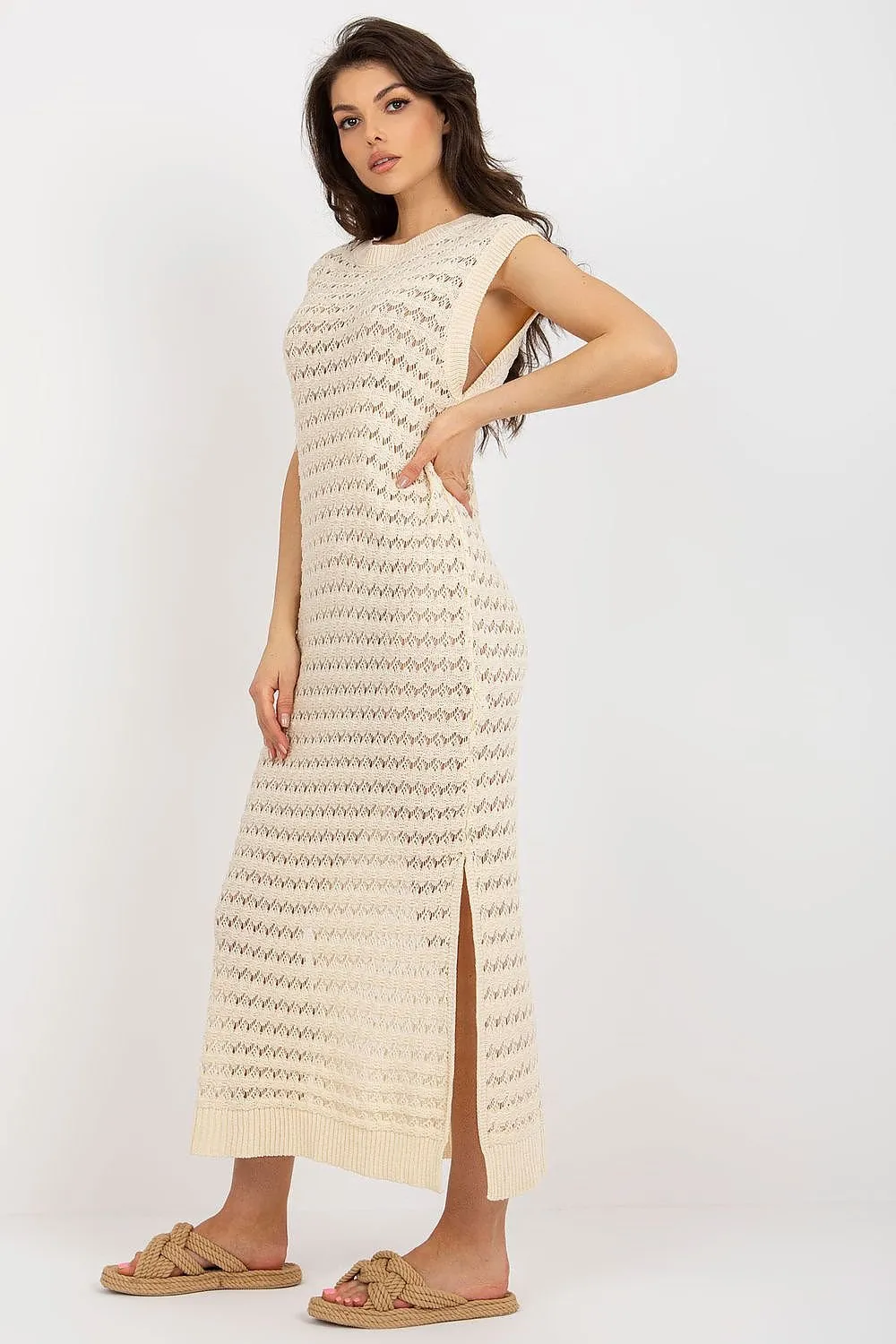 Sea Mist Elegance - Long Knit Sleeveless Dress with Stylish Side Slits