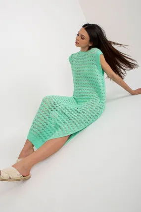 Sea Mist Elegance - Long Knit Sleeveless Dress with Stylish Side Slits