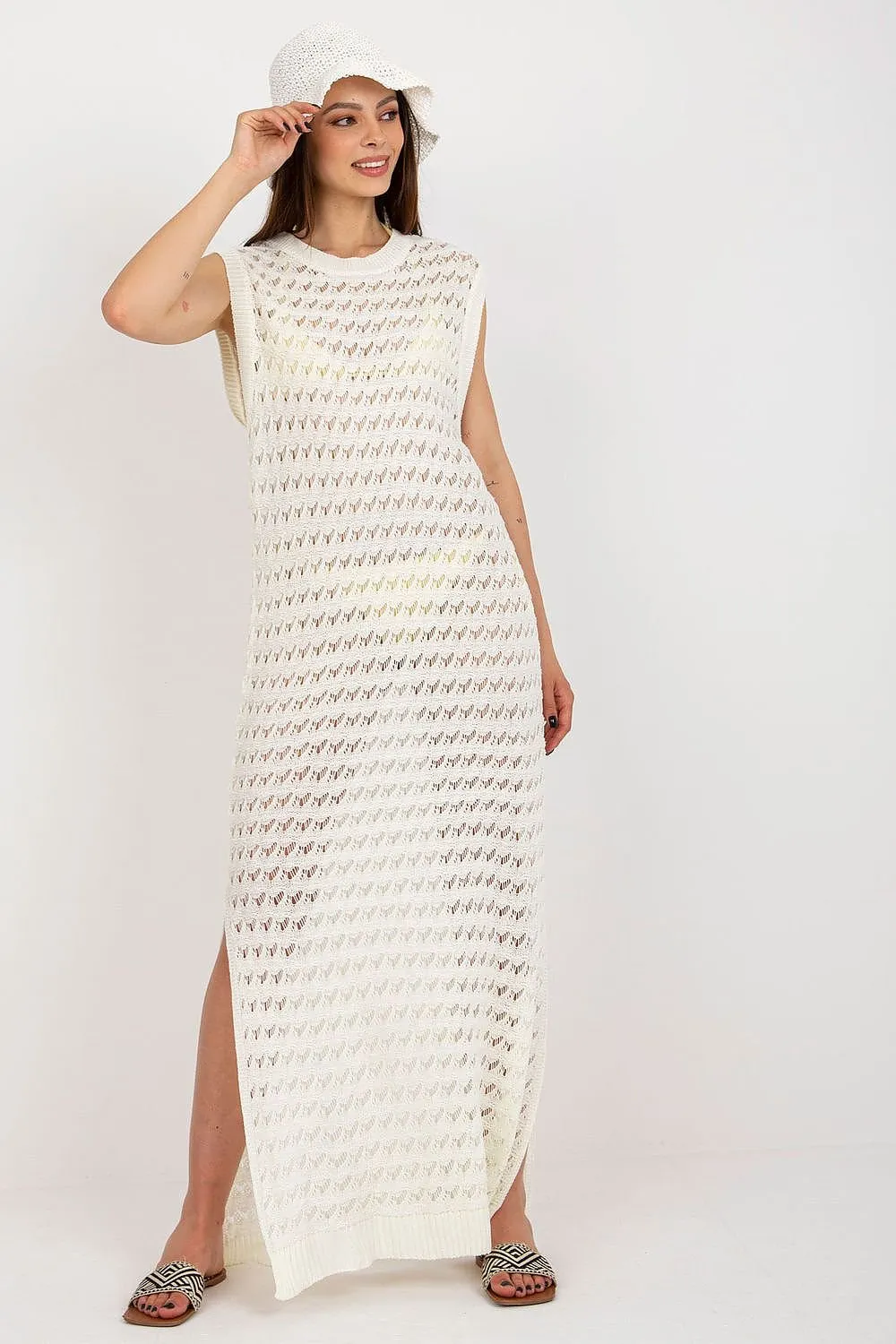 Sea Mist Elegance - Long Knit Sleeveless Dress with Stylish Side Slits