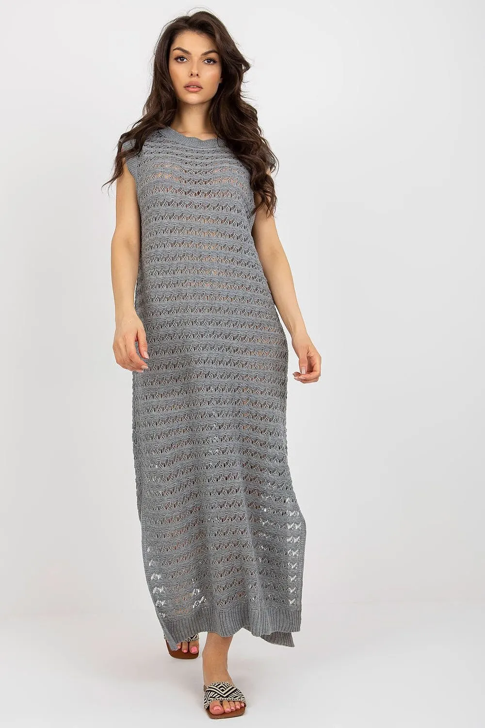 Sea Mist Elegance - Long Knit Sleeveless Dress with Stylish Side Slits