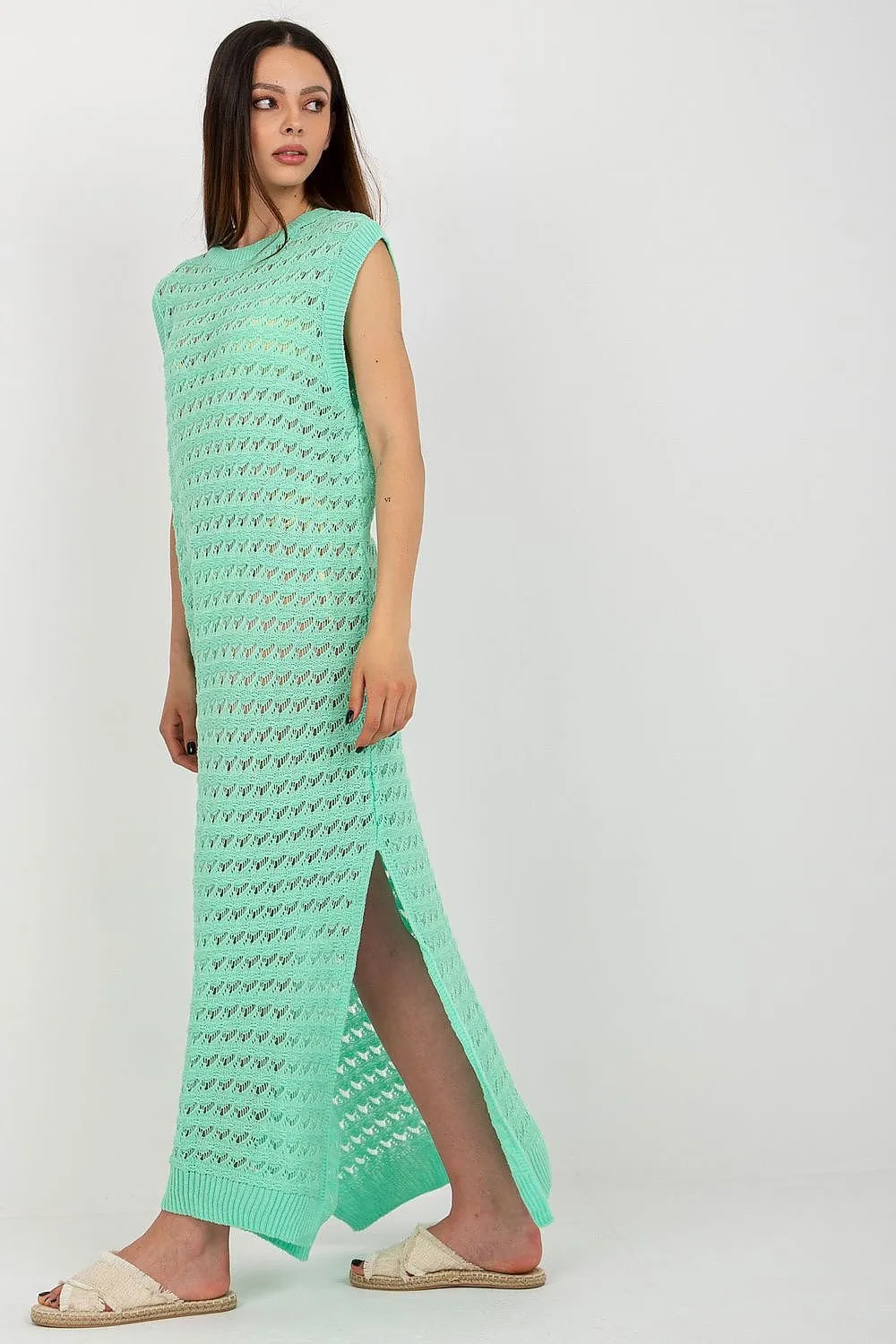 Sea Mist Elegance - Long Knit Sleeveless Dress with Stylish Side Slits