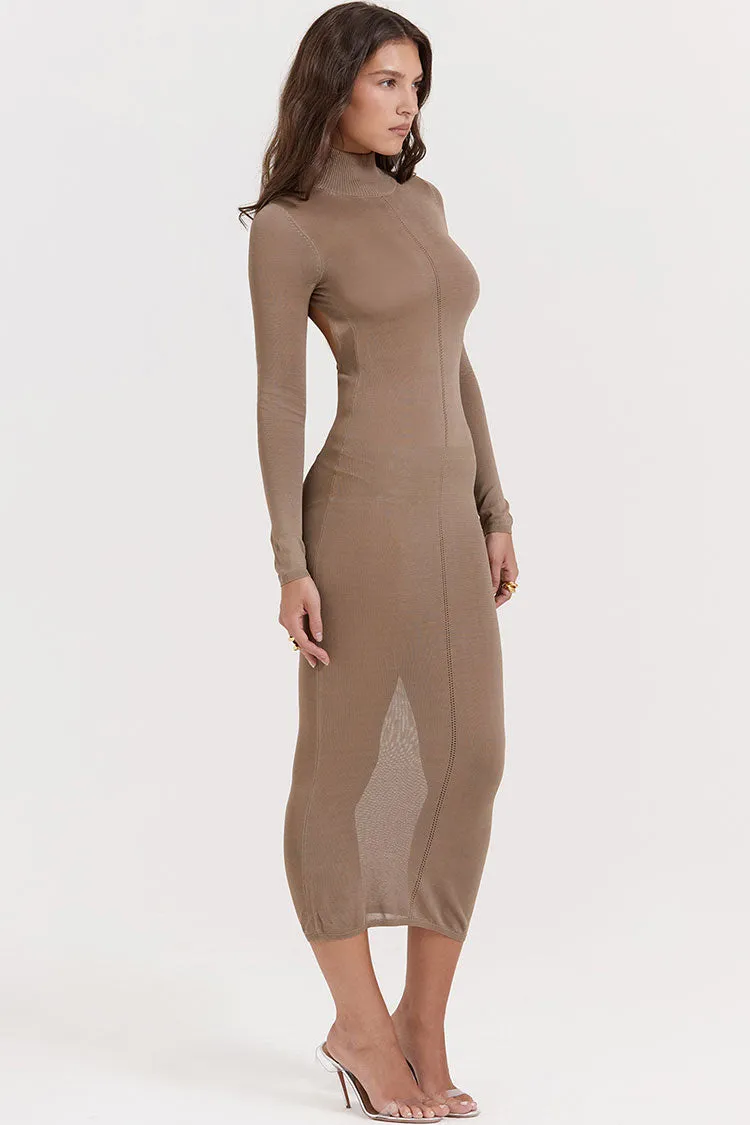 Sexy High Neck Long Sleeve Cutout Back Fit Semi Sheer Sweater Midi Dress - Khaki