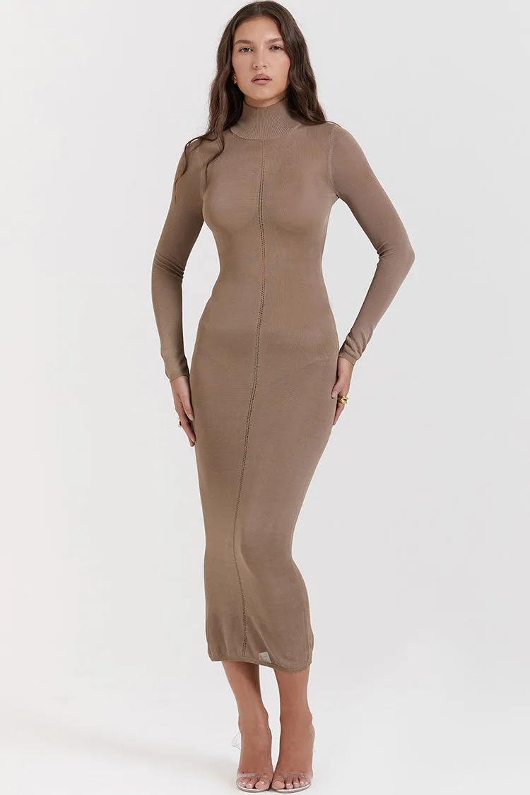 Sexy High Neck Long Sleeve Cutout Back Fit Semi Sheer Sweater Midi Dress - Khaki