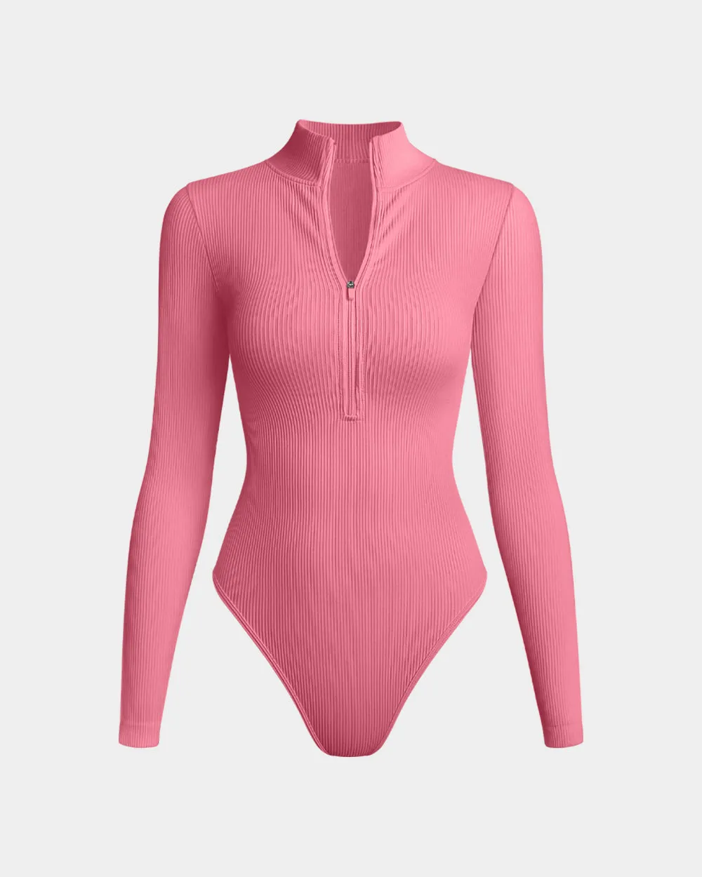 Sexy Ribbed Zip Front Long Sleeve Tops Bodysuits