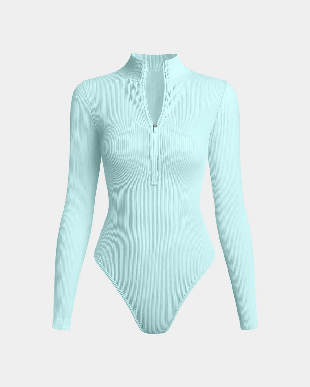 Sexy Ribbed Zip Front Long Sleeve Tops Bodysuits