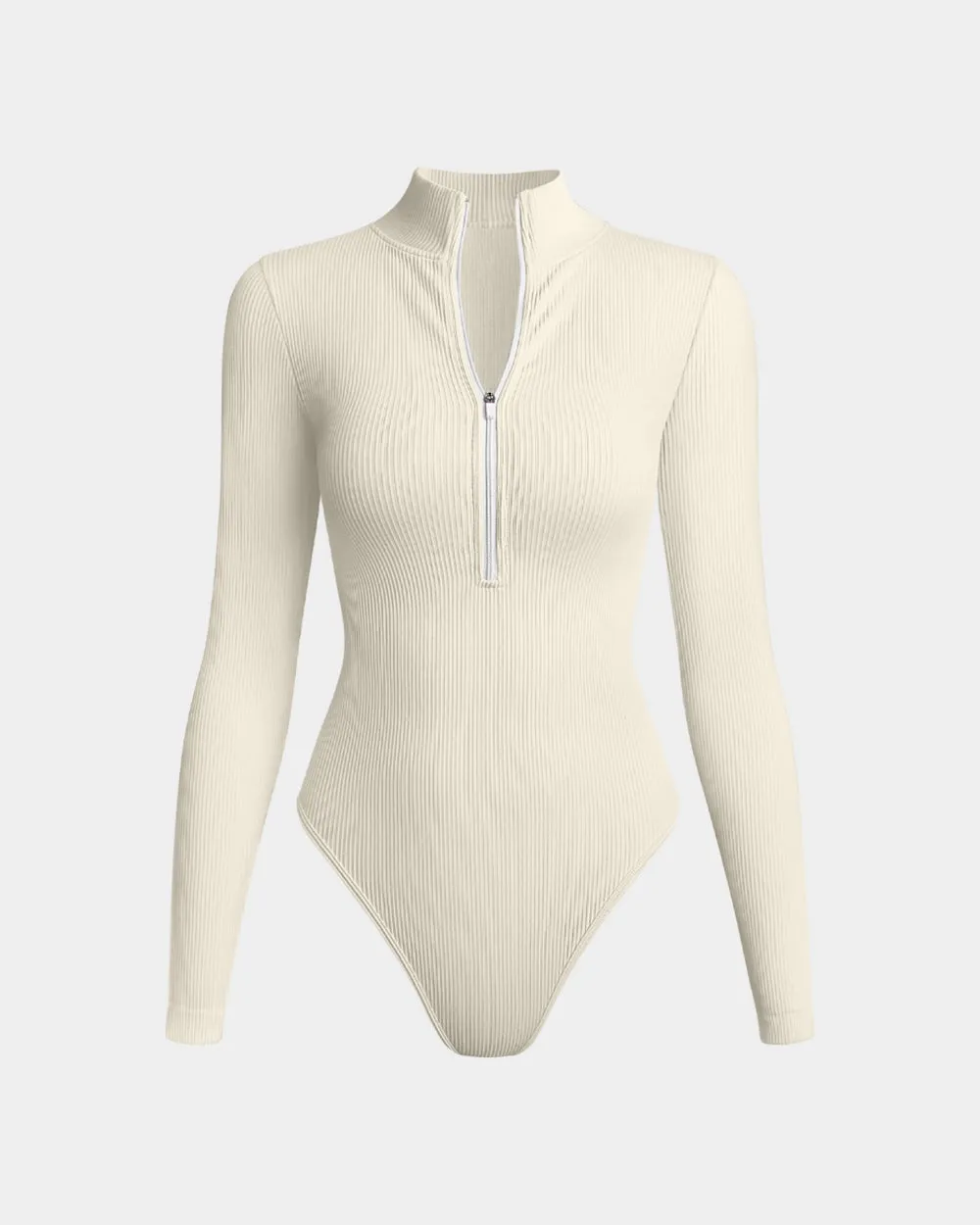 Sexy Ribbed Zip Front Long Sleeve Tops Bodysuits