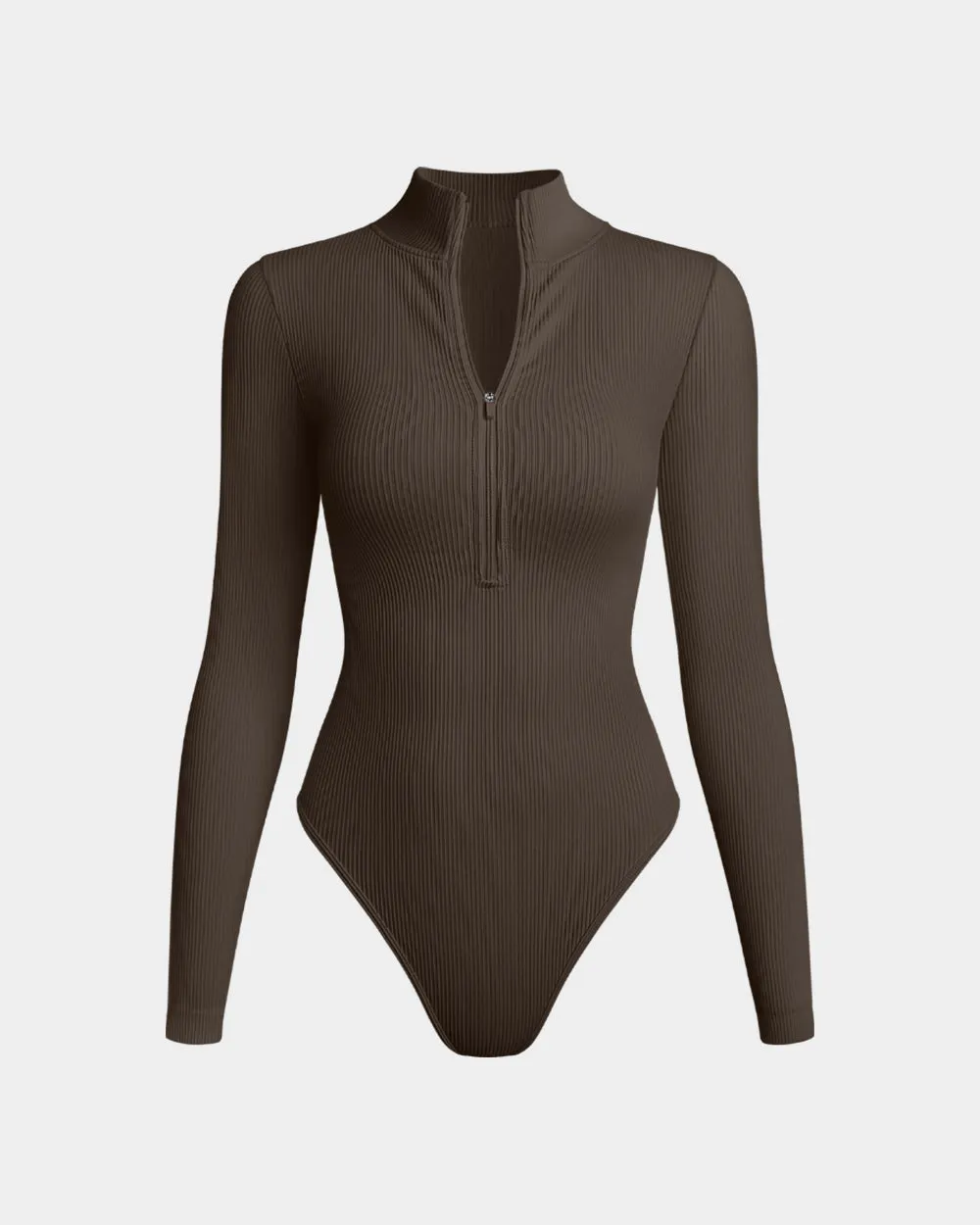 Sexy Ribbed Zip Front Long Sleeve Tops Bodysuits