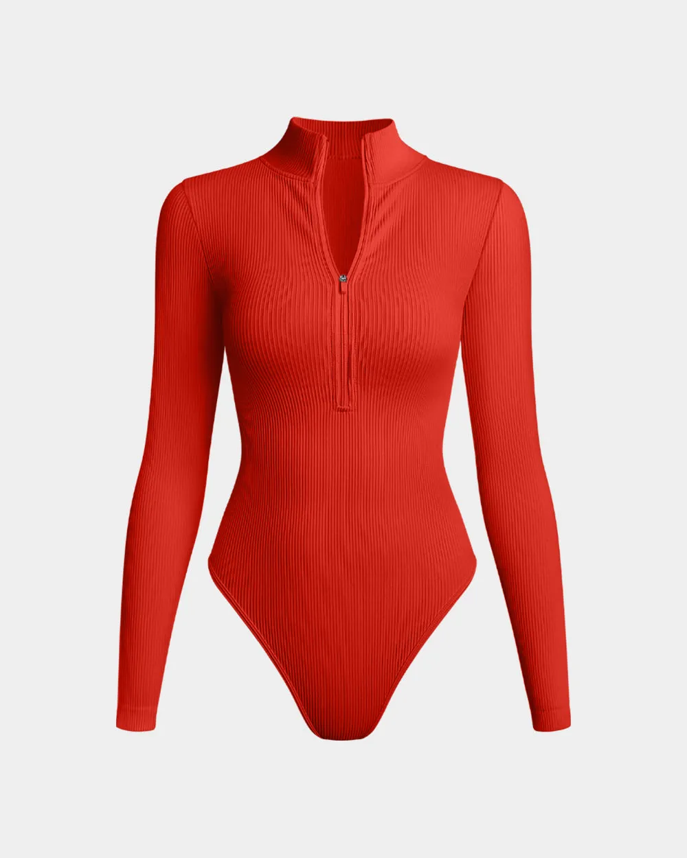 Sexy Ribbed Zip Front Long Sleeve Tops Bodysuits