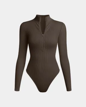 Sexy Ribbed Zip Front Long Sleeve Tops Bodysuits