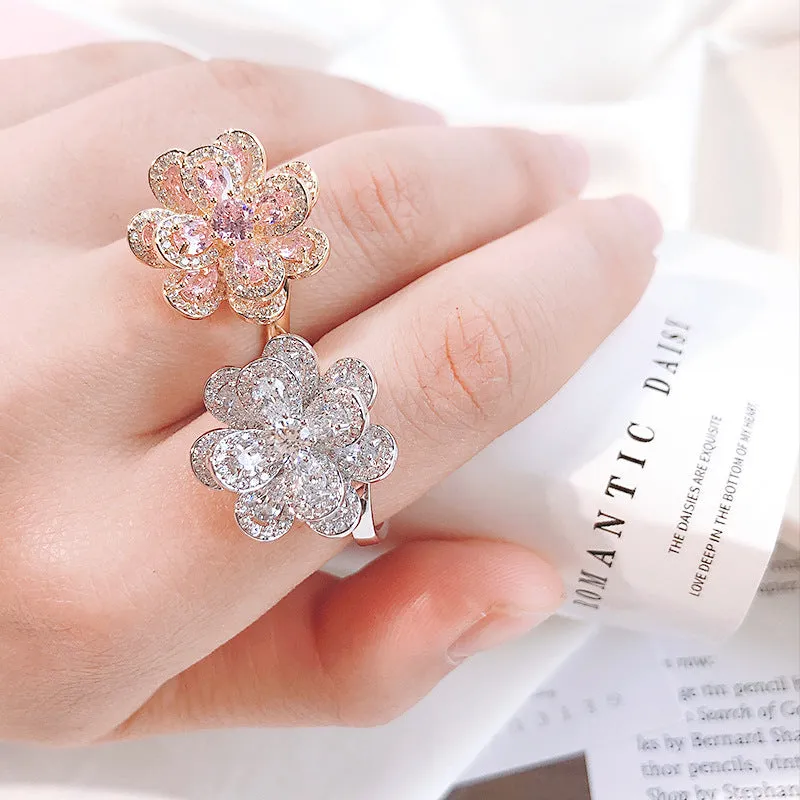 Shining zircon temperament versatile hand jewelry camellia ring jewelry