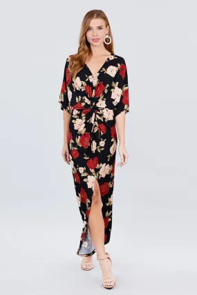 Short Dolman Sleeve V-neck Front Knot And Slit Print Knit Long Dress