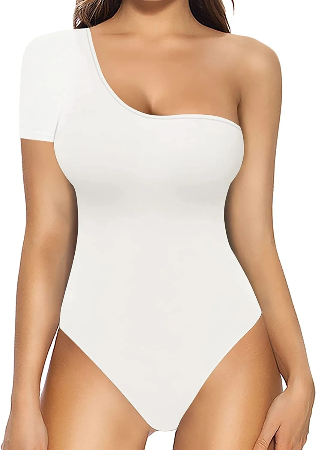 Short Sleeve White One Shoulder Tank Top Bodysuit