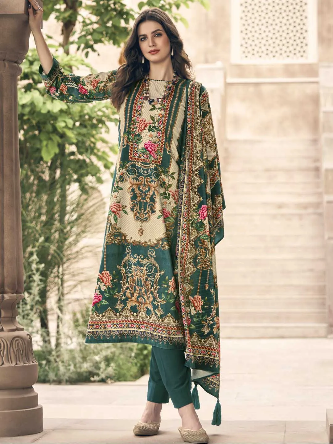 Silk Velvet Green Unstitched Winter Pakistani Style Suits