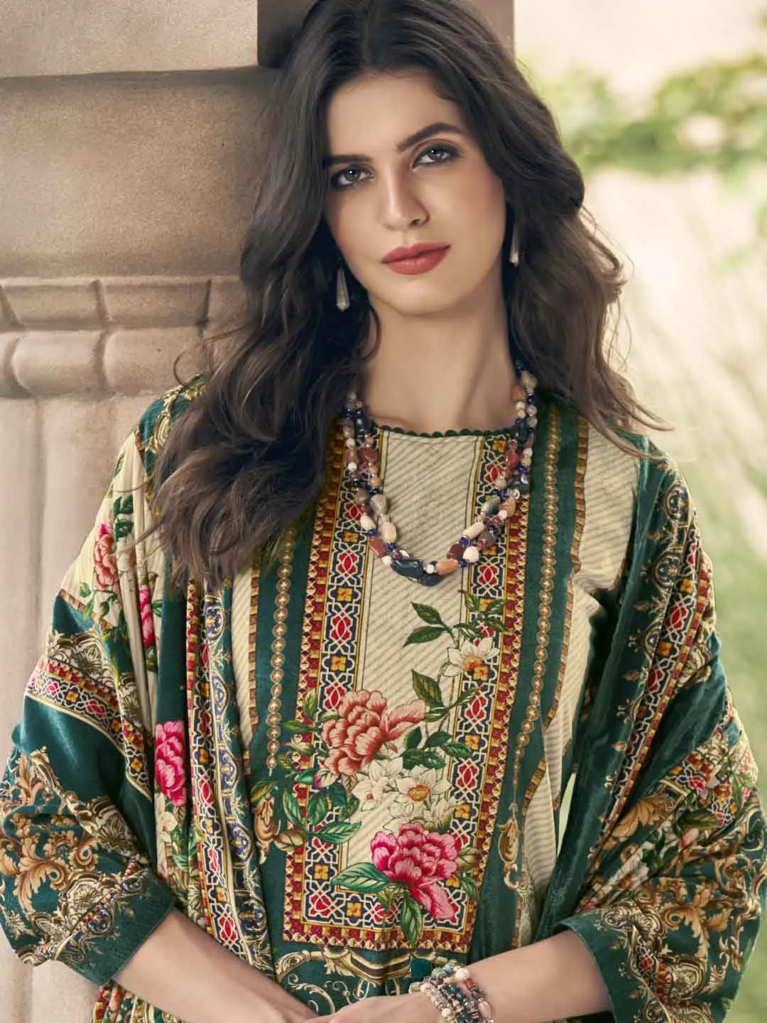 Silk Velvet Green Unstitched Winter Pakistani Style Suits