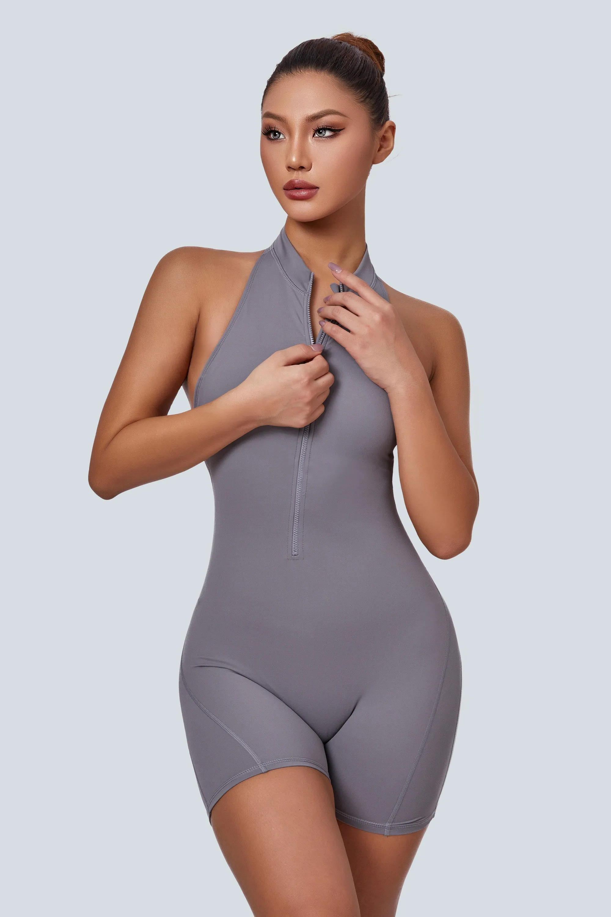 Sleeveless Half-Zip Scrunch Butt Workout Romper