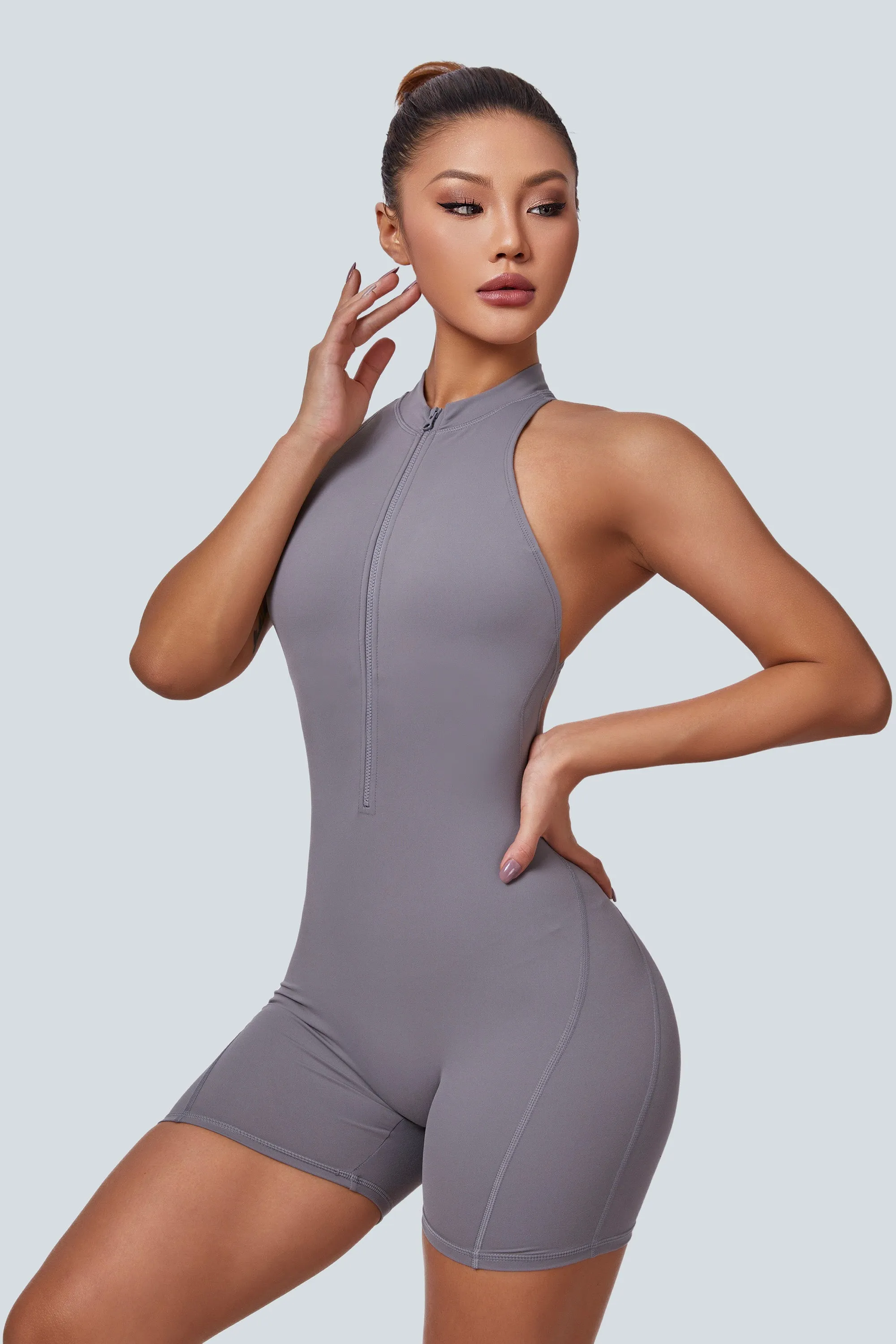 Sleeveless Half-Zip Scrunch Butt Workout Romper