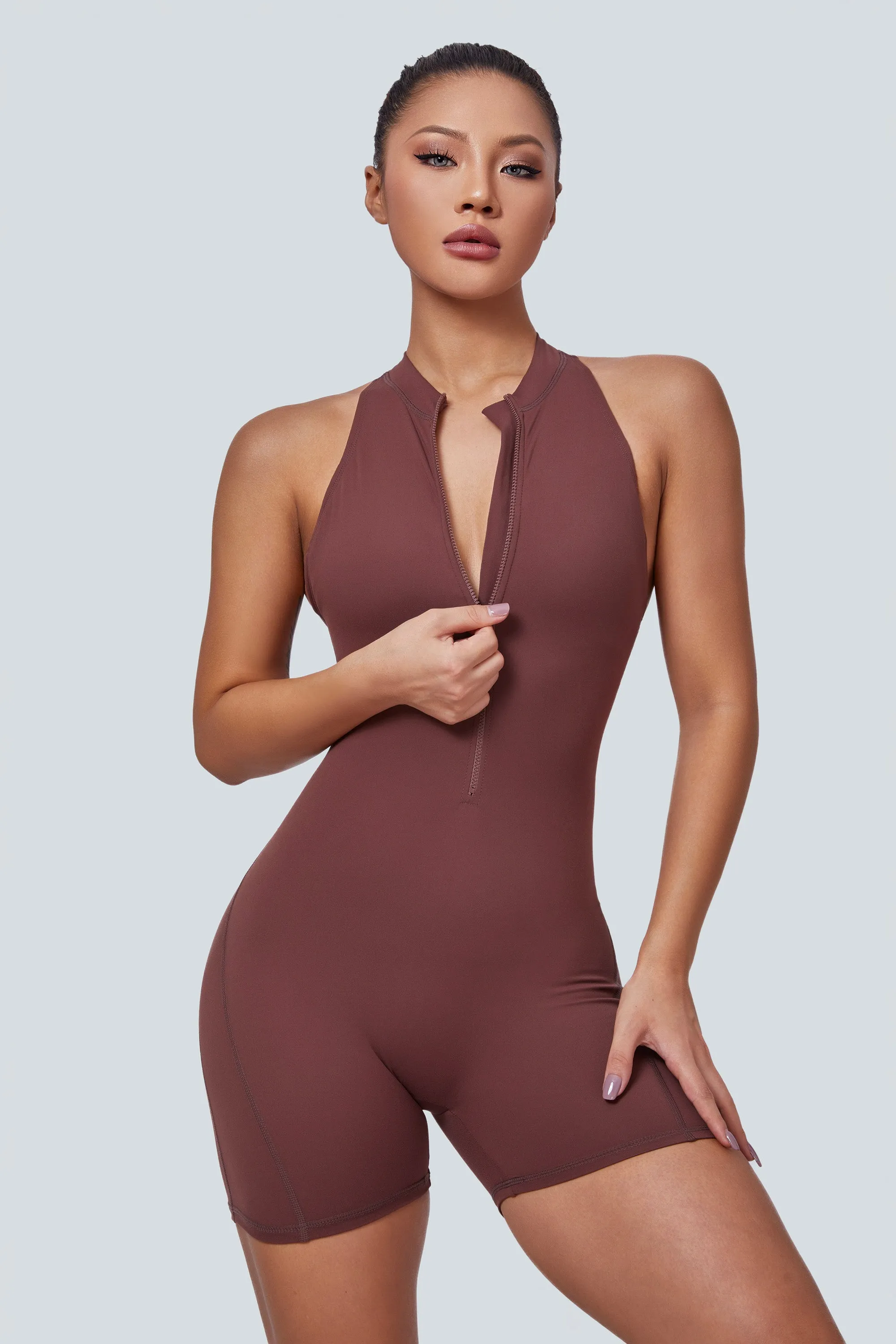 Sleeveless Half-Zip Scrunch Butt Workout Romper