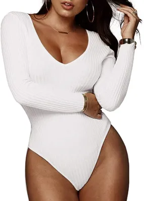 Soft Scoop Neck White Long Sleeve One Piece Bodysuit