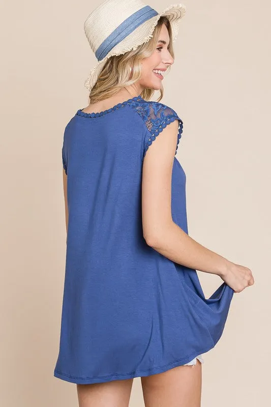 Solid Knit Top with Lace Contrast Neckline - Assorted Colors