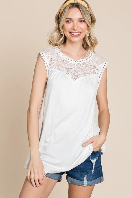 Solid Knit Top with Lace Contrast Neckline - Assorted Colors