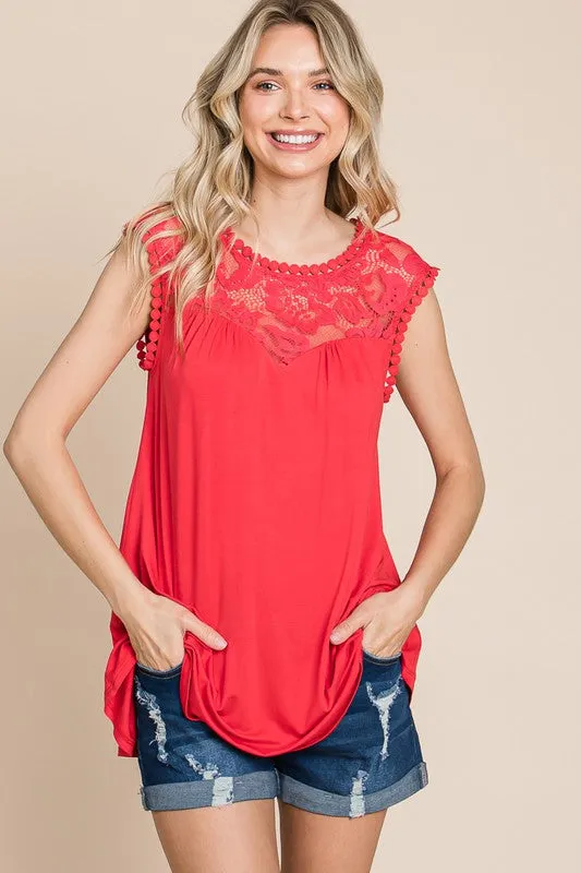 Solid Knit Top with Lace Contrast Neckline - Assorted Colors