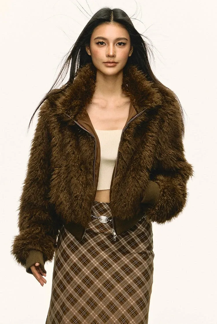 Stand Collar Faux Fur Zip Jacket