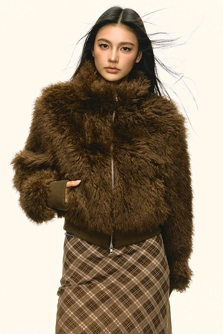 Stand Collar Faux Fur Zip Jacket