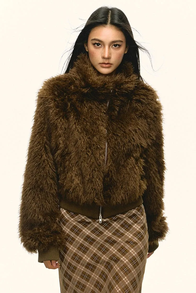 Stand Collar Faux Fur Zip Jacket