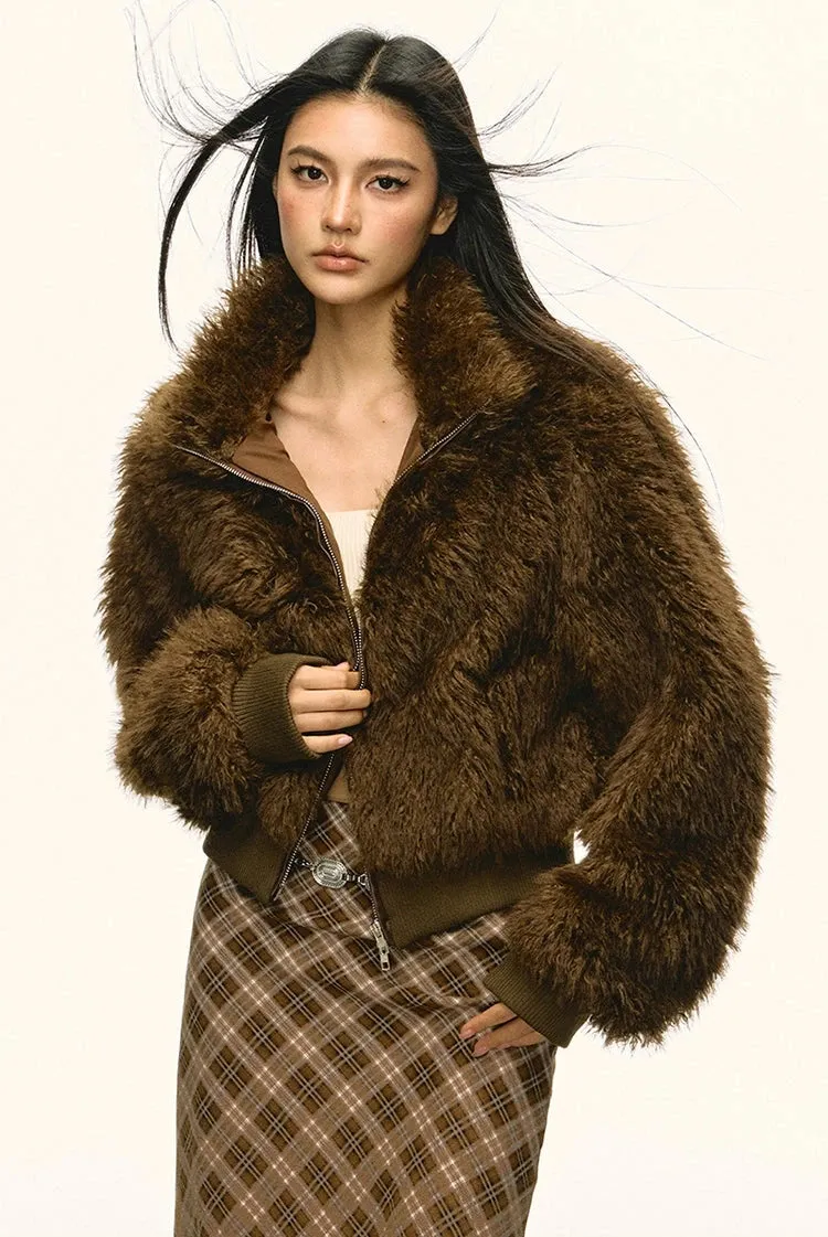 Stand Collar Faux Fur Zip Jacket