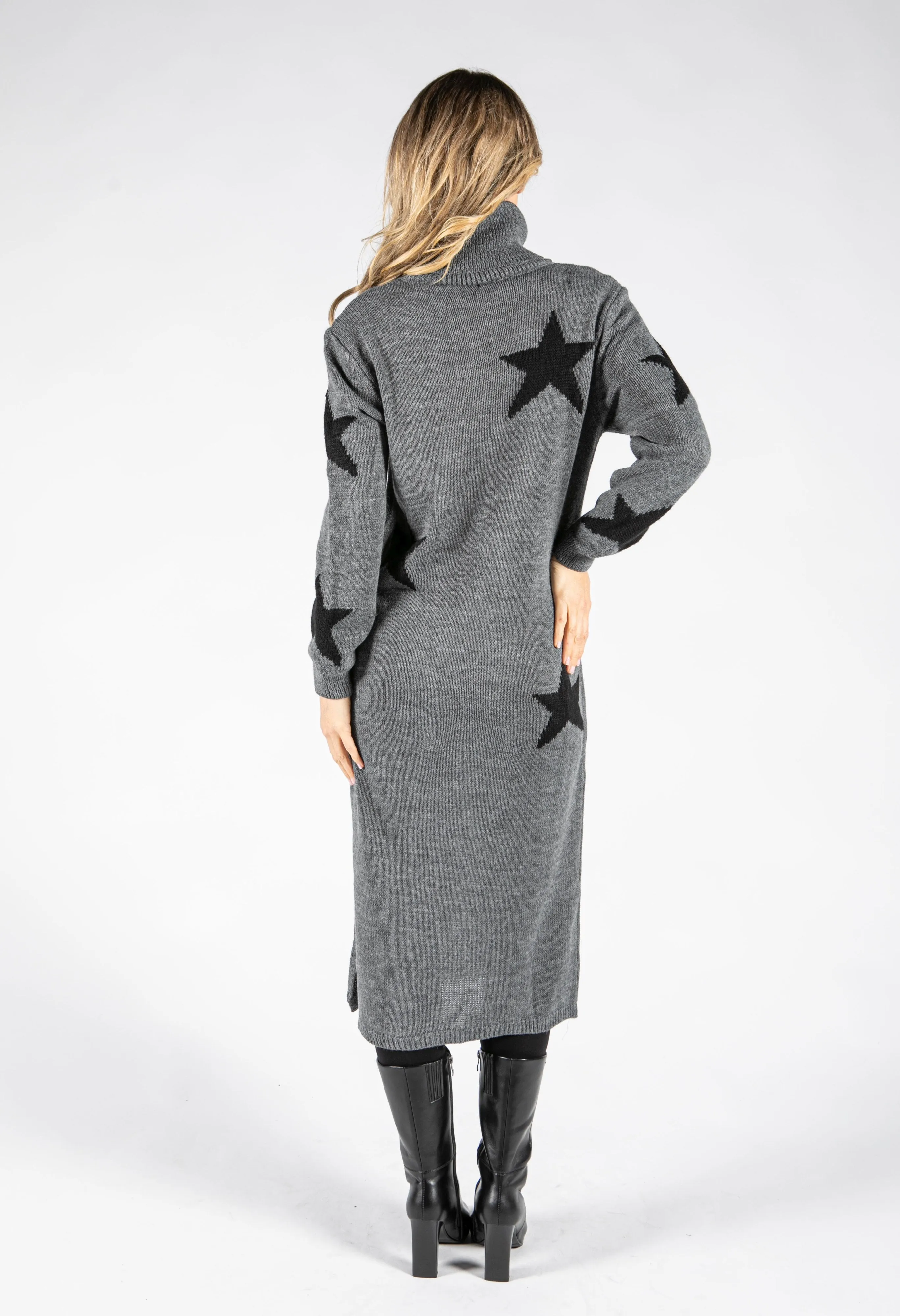 Star Print Roll Neck Knit Jumper Dress