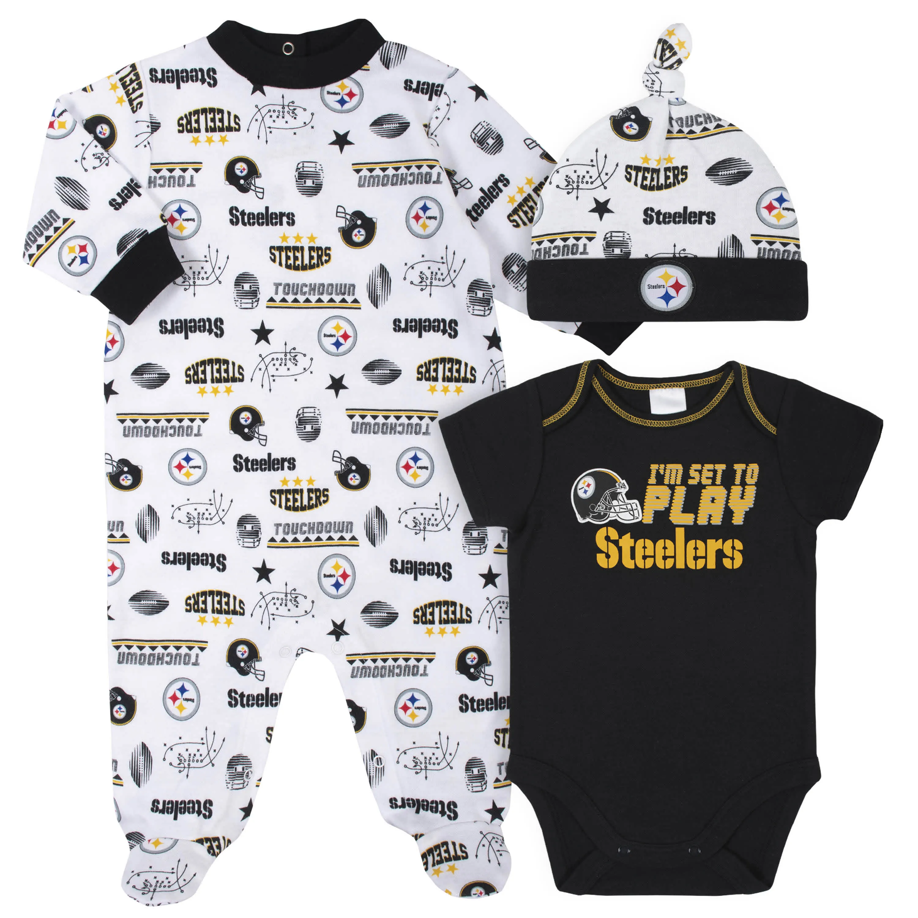 Steelers Baby Boys 3-Piece Bodysuit, Sleep 'N Play, and Cap Set