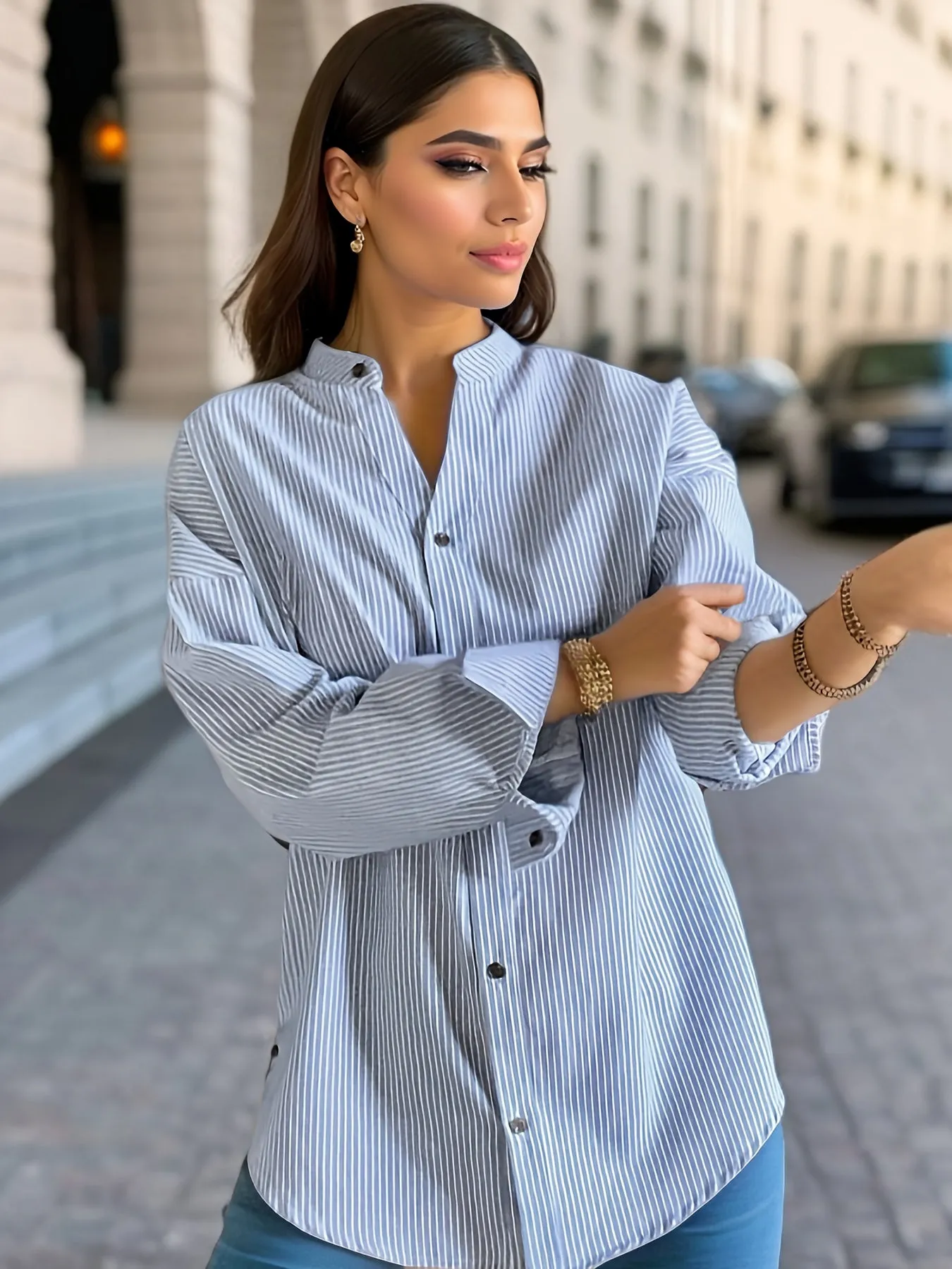 Stripe ButtonFront Blouse Versatile Spring  Fall Fashion Staple