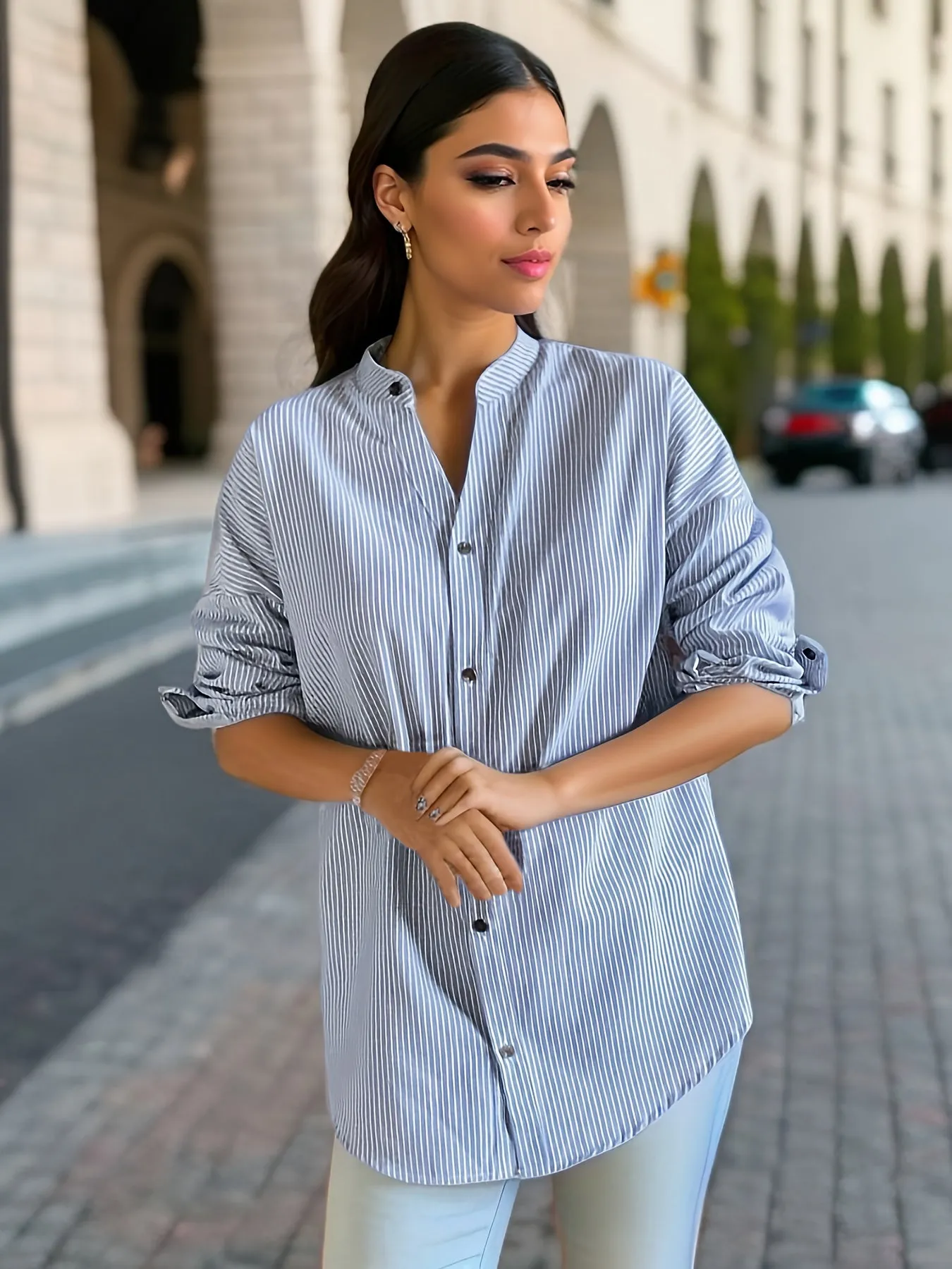 Stripe ButtonFront Blouse Versatile Spring  Fall Fashion Staple