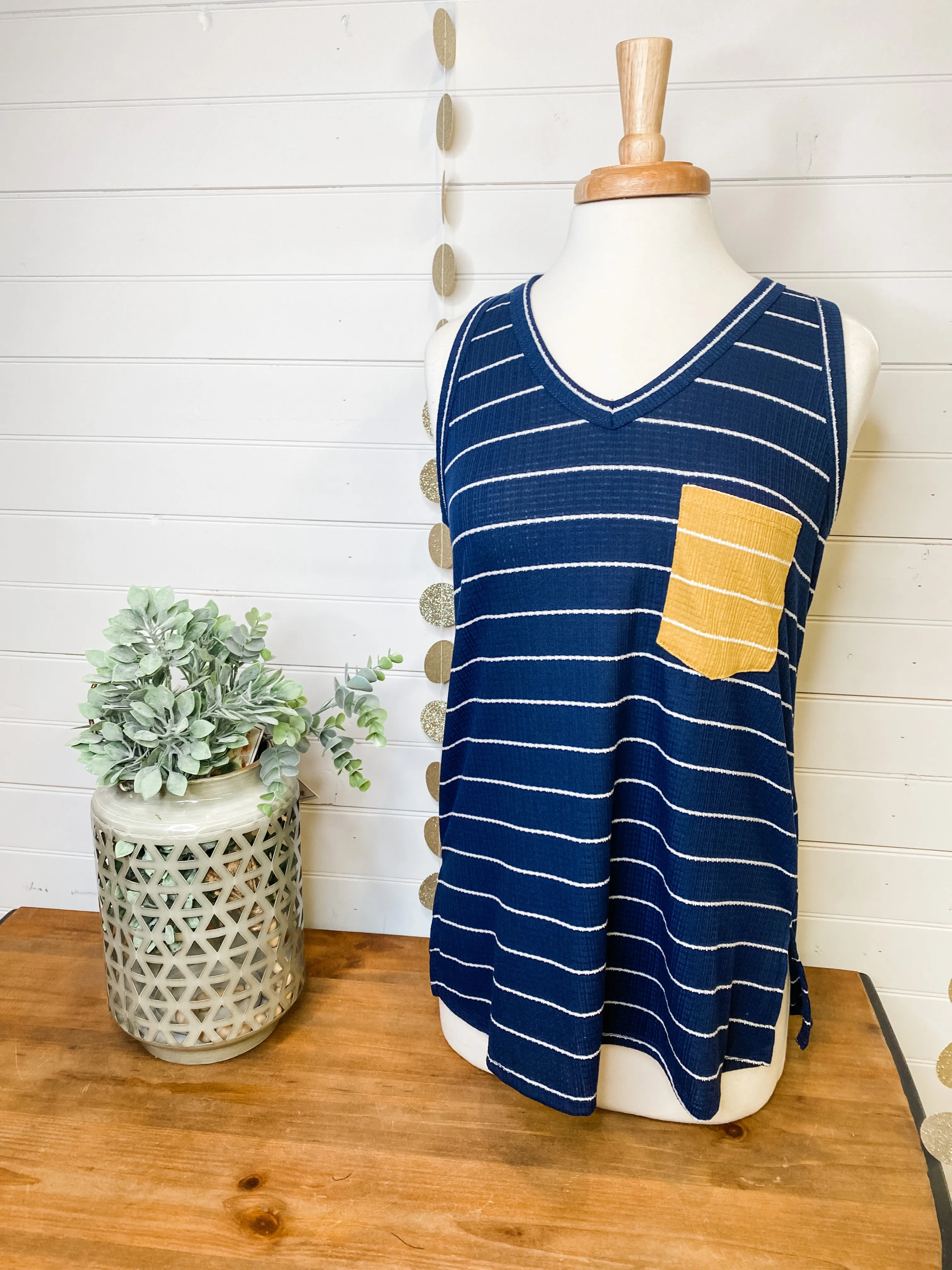 Striped Sleeveless V-Neck Top with Contrast Pocket