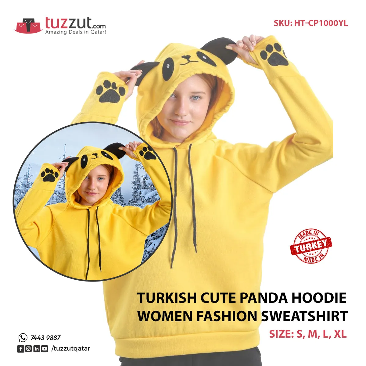 Turkish Cute Panda Hoodie Women Fashion Sweatshirt-Yellow