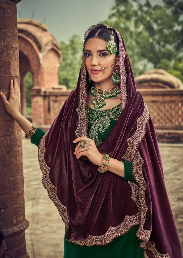 Unstitched Pakistani Style Green Velvet Winter Salwar Suits