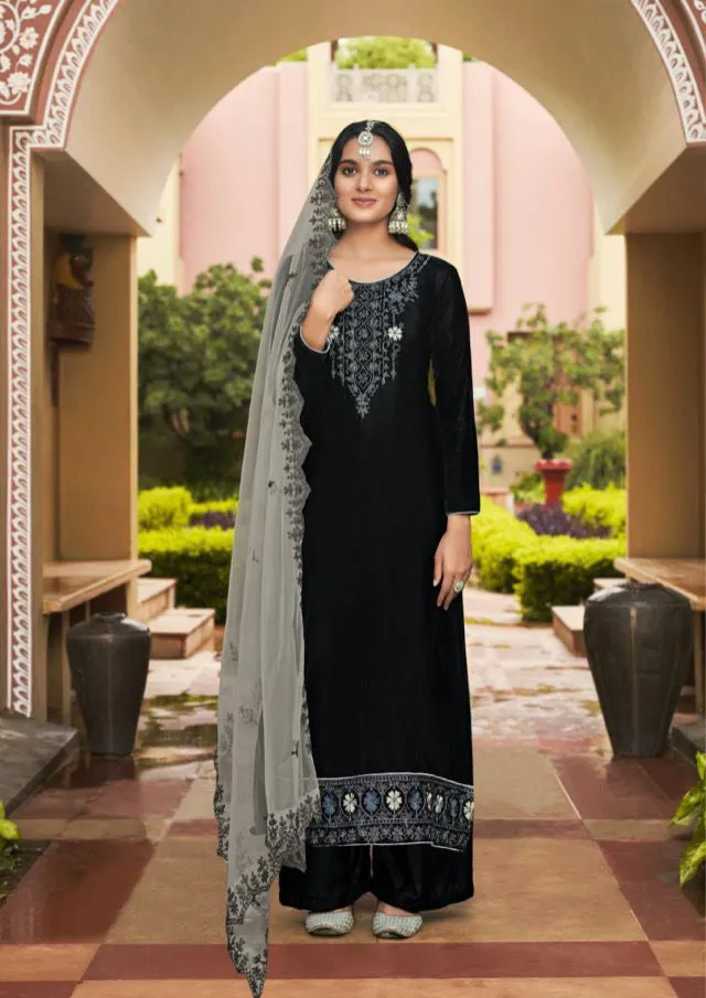 Unstitched Plain Black Velvet Suits with Net Dupatta