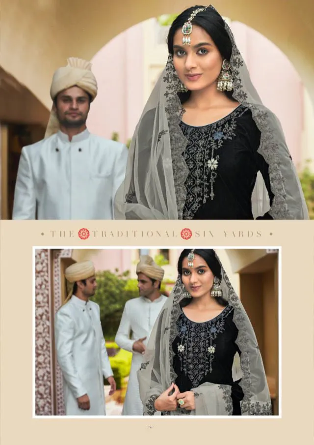 Unstitched Plain Black Velvet Suits with Net Dupatta