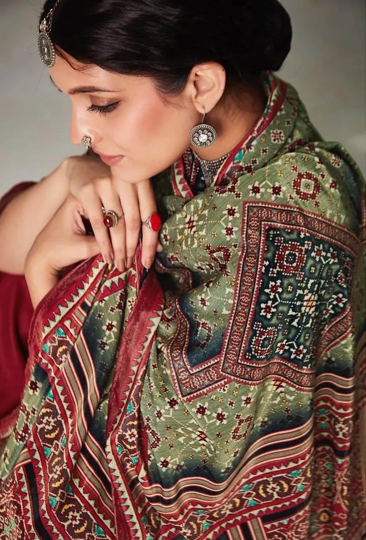 Unstitched Pure Staple Pashmina Embroidered Maroon Winter Suits with Velvet Dupatta