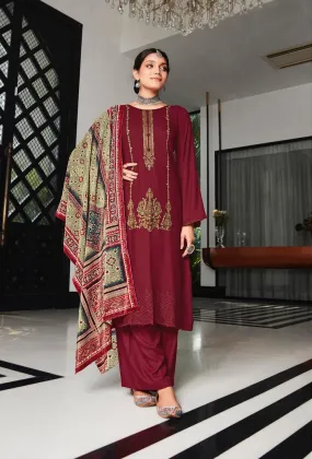 Unstitched Pure Staple Pashmina Embroidered Maroon Winter Suits with Velvet Dupatta