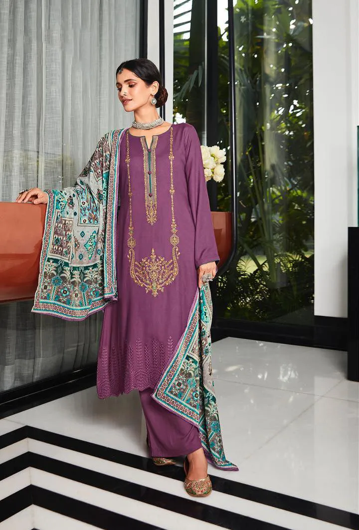 Unstitched Pure Staple Pashmina Embroidered Winter Suits with Velvet Dupatta