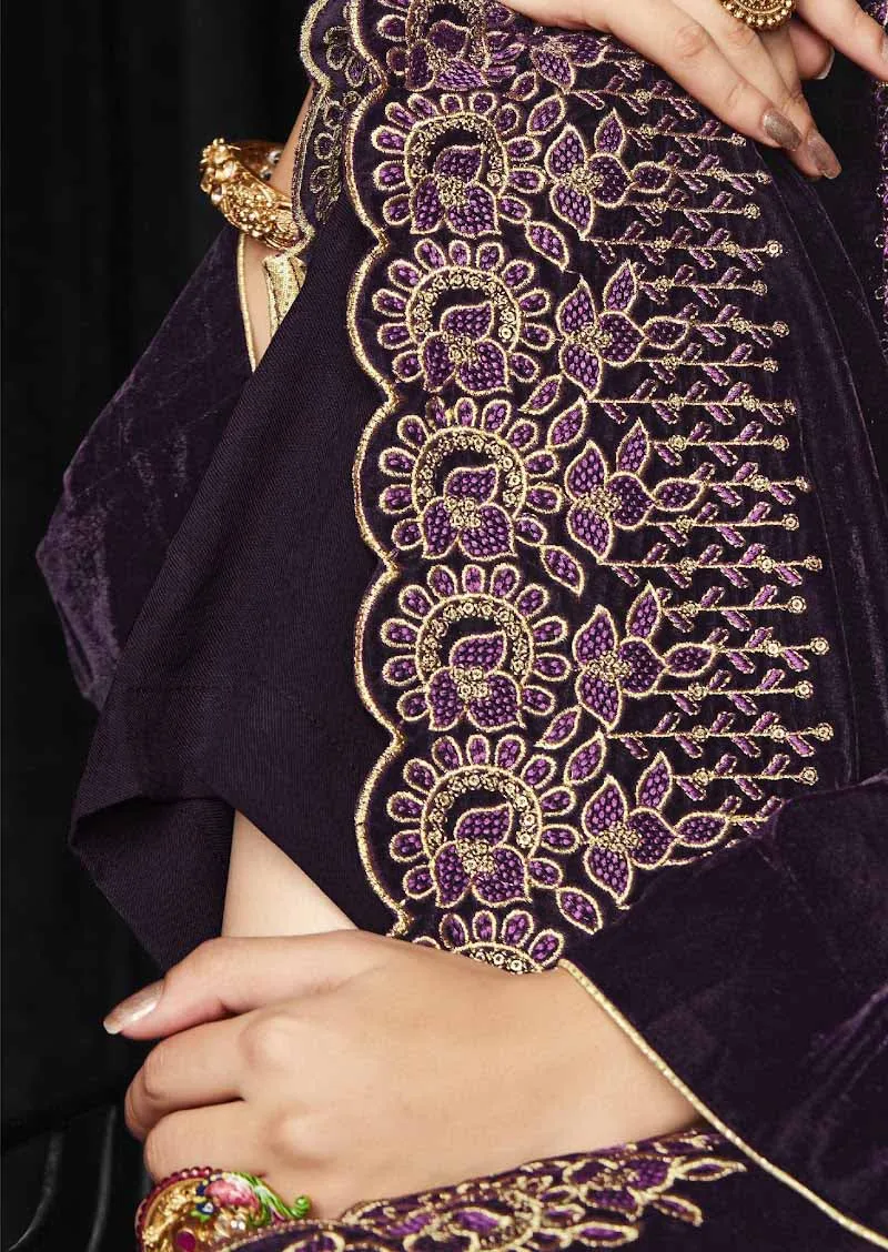 Unstitched Purple Soft Velvet Winter Salwar Suit Material for Women