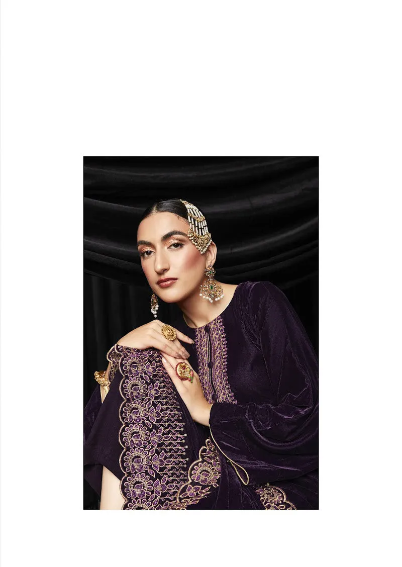 Unstitched Purple Soft Velvet Winter Salwar Suit Material for Women