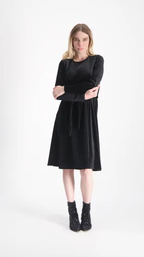 Velvet A-line Dress With Belt / Black Shine