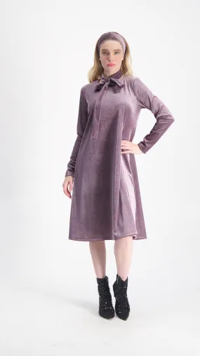 Velvet A-line Dress With Belt / Pudra & Silver Line