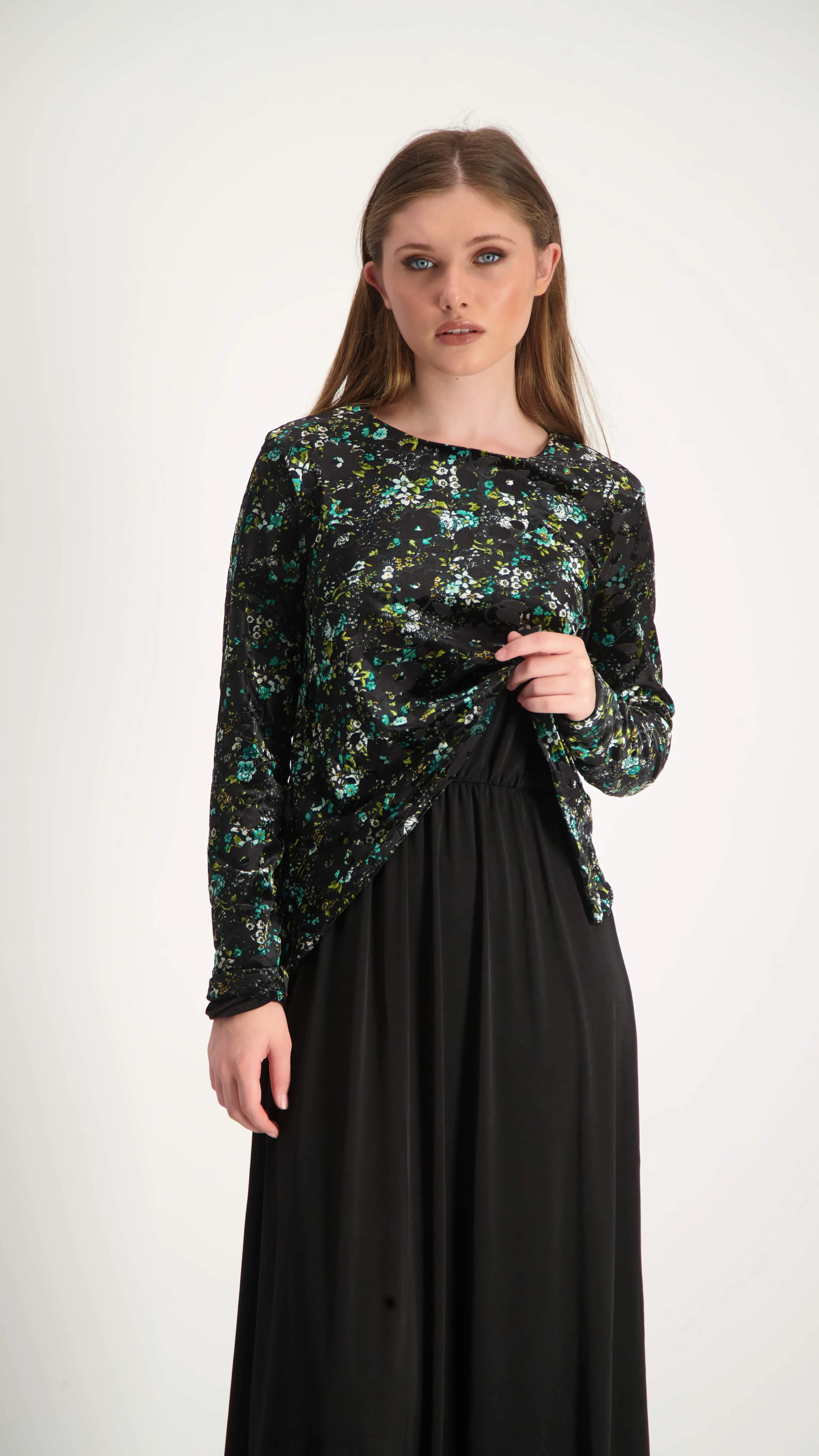 Velvet Maxi Nursing Dress / Green Flowers