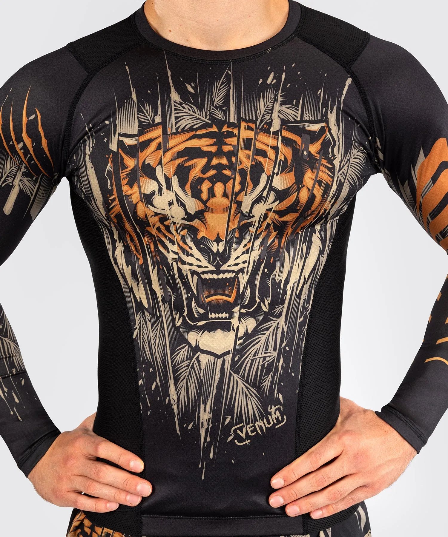 Venum Tiger Men's Long Sleeve Rashguard - Black/Neon Orange